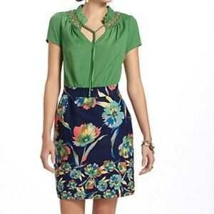ANTHROPOLOGIE Elland Dress Short-Sleeve Green Top & Colorful Floral Bottom